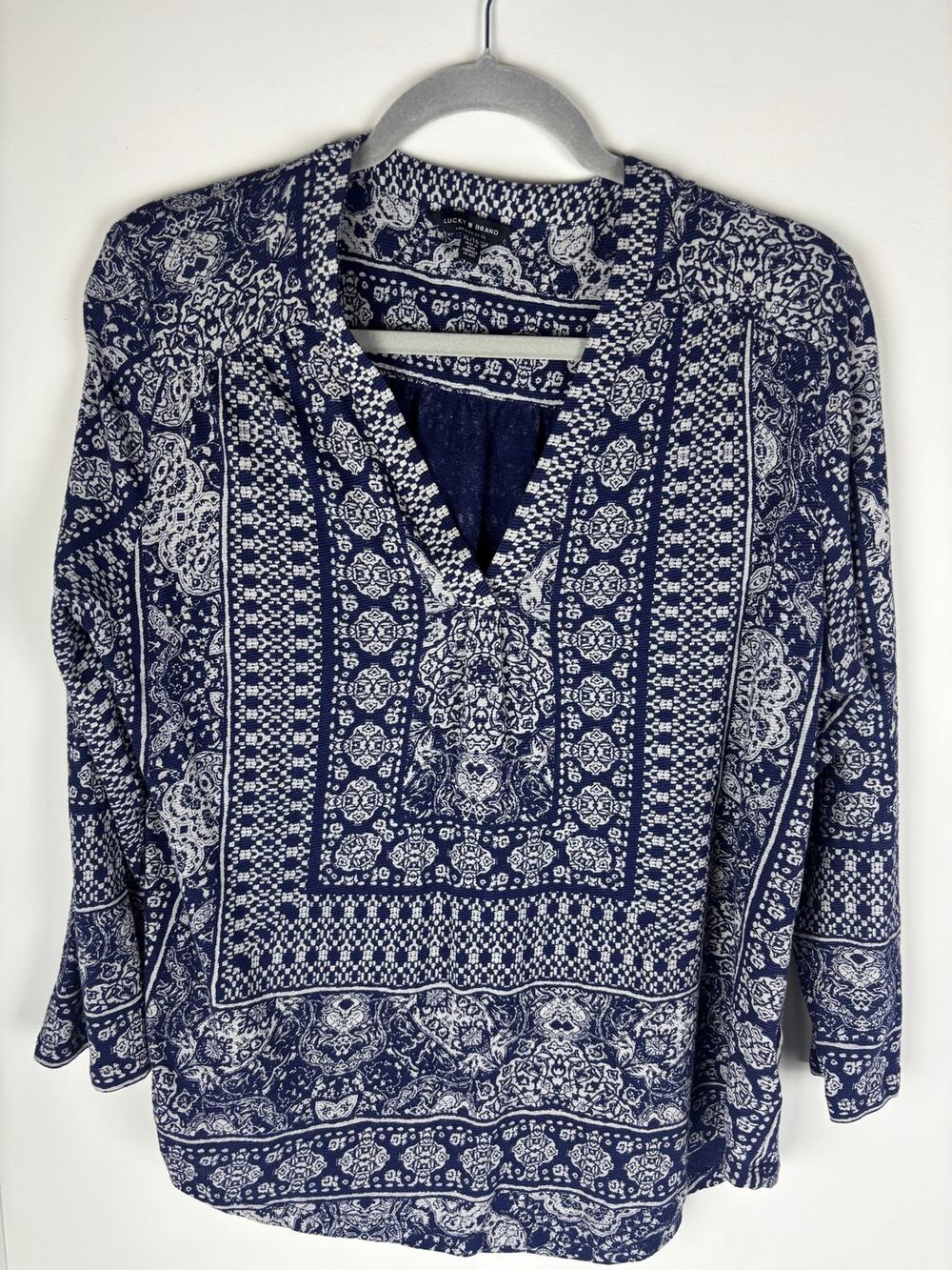 Lucky Brand XL Blouse Blue White Paisley Boho Tunic Cotton Linen V Neck Top